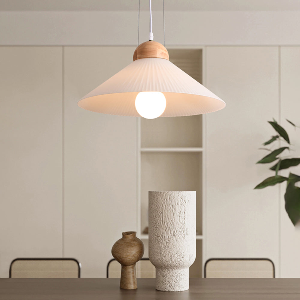 Ozawa Designer Pleated Brown Wood/Glass Pendant Light - Lumpaz