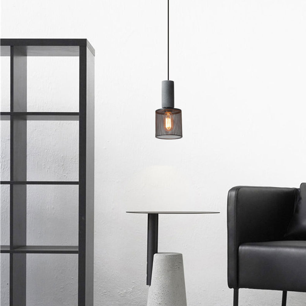 Zaid Industrial Cylindrical Pendant Light, Cement/Metal, Wabi-Sabi - Lumpaz