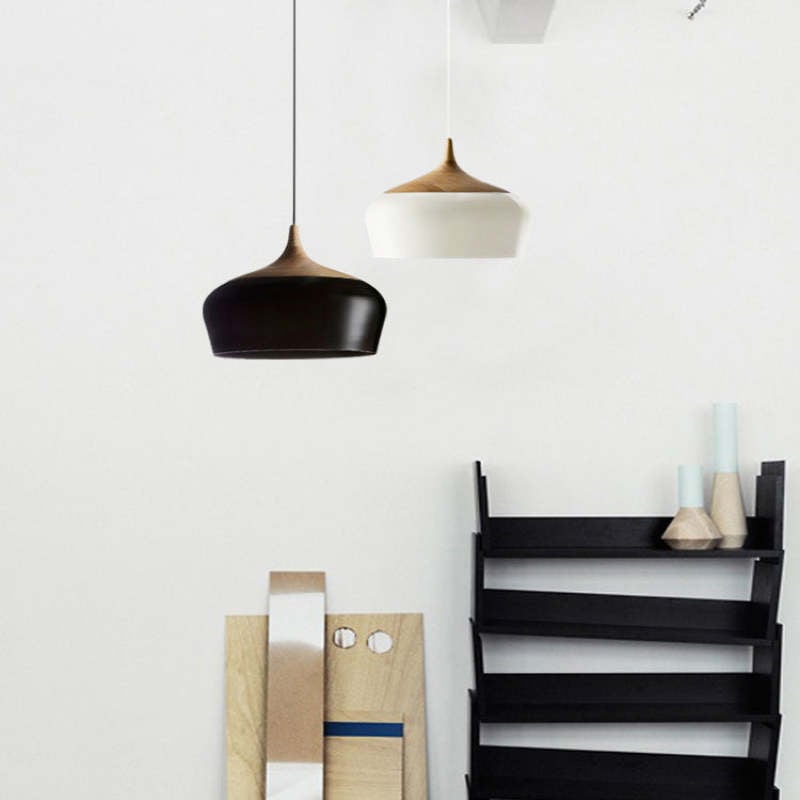 Nazifa Minimalist Metal/Wood Pendant Light, Black/White - Lumpaz