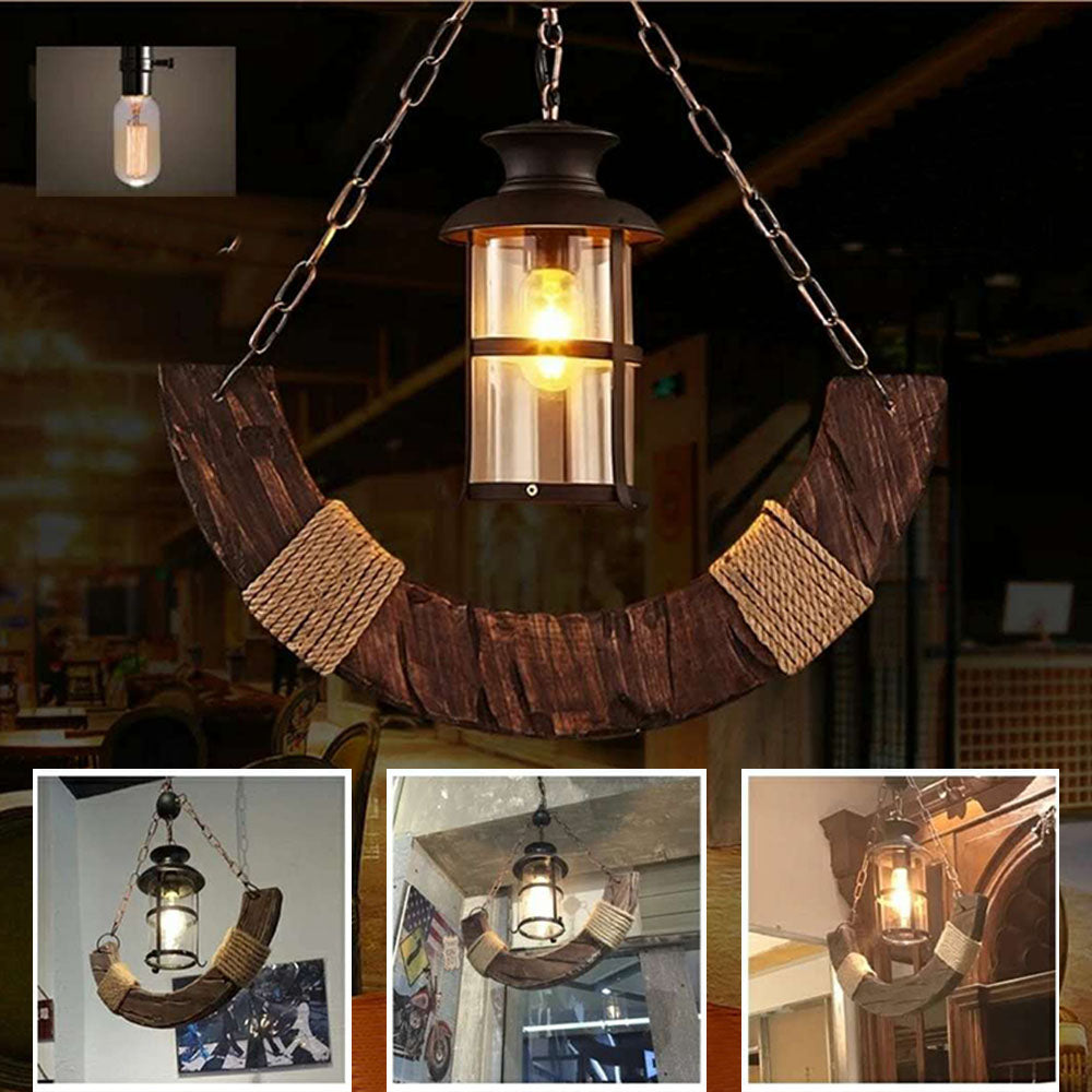 Austin Retro Rustic Arc Metal/Wood Lantern Glass Pendant Light - Lumpaz