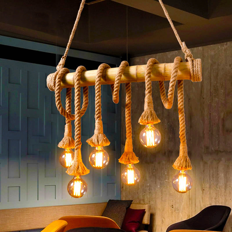 Alessio Vintage Wood/Rope Pendant Light, Farmhouse, Living Room - Lumpaz