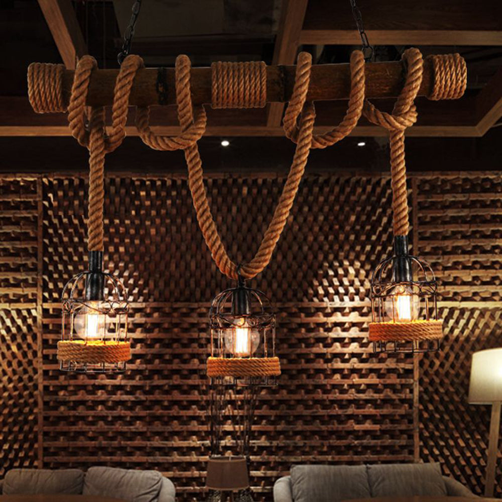 Alessio Vintage Wood Pendant Light, 3 Heads, Hemp rope&Metal - Lumpaz