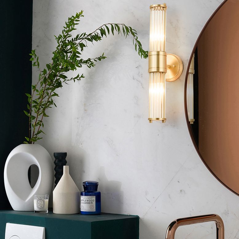 Leigh American Cylindrical Elegant Gold Glass/Metal Vanity Wall Lamp - Lumpaz