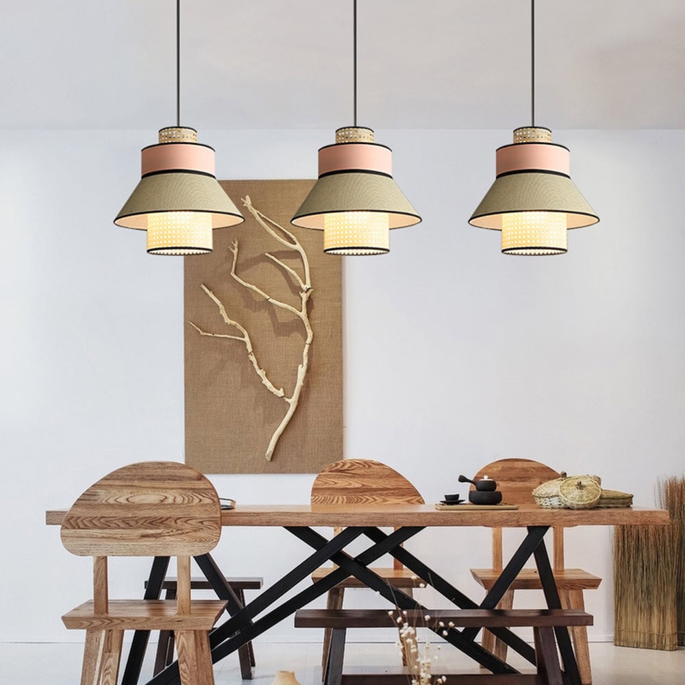 Ritta Farmhouse Fabric/Rattan Pendant Light, 2 Style - Lumpaz