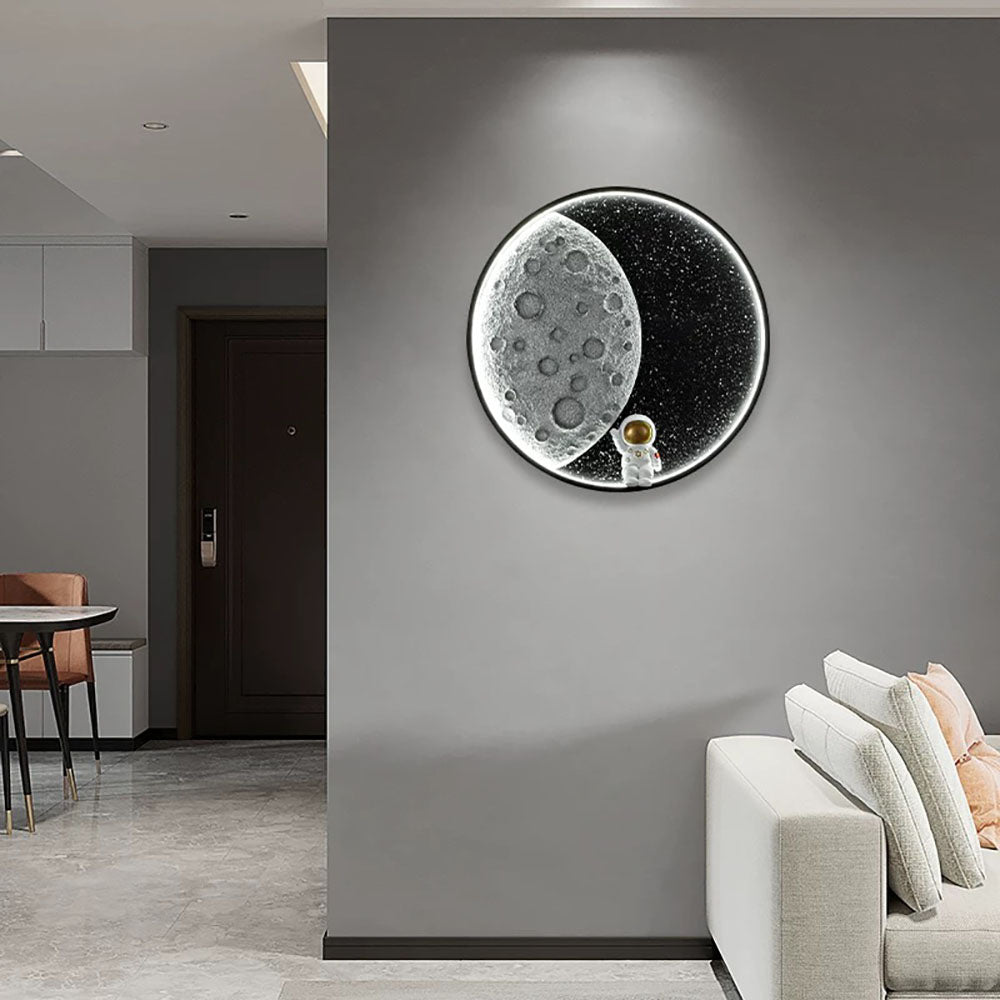 Elif Astronaut Round Moon Black Wall Lamp, Metal - Lumpaz