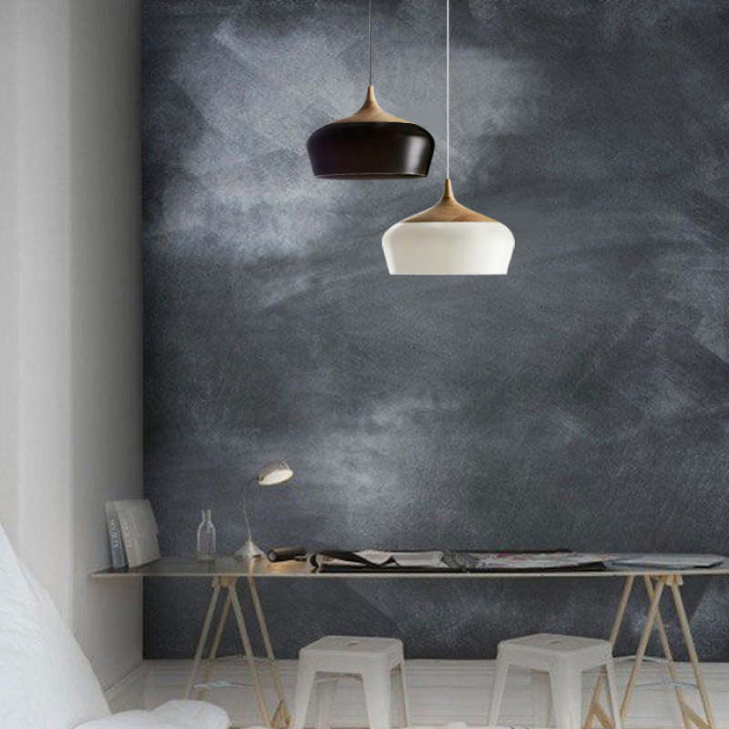Nazifa Minimalist Metal/Wood Pendant Light, Black/White - Lumpaz