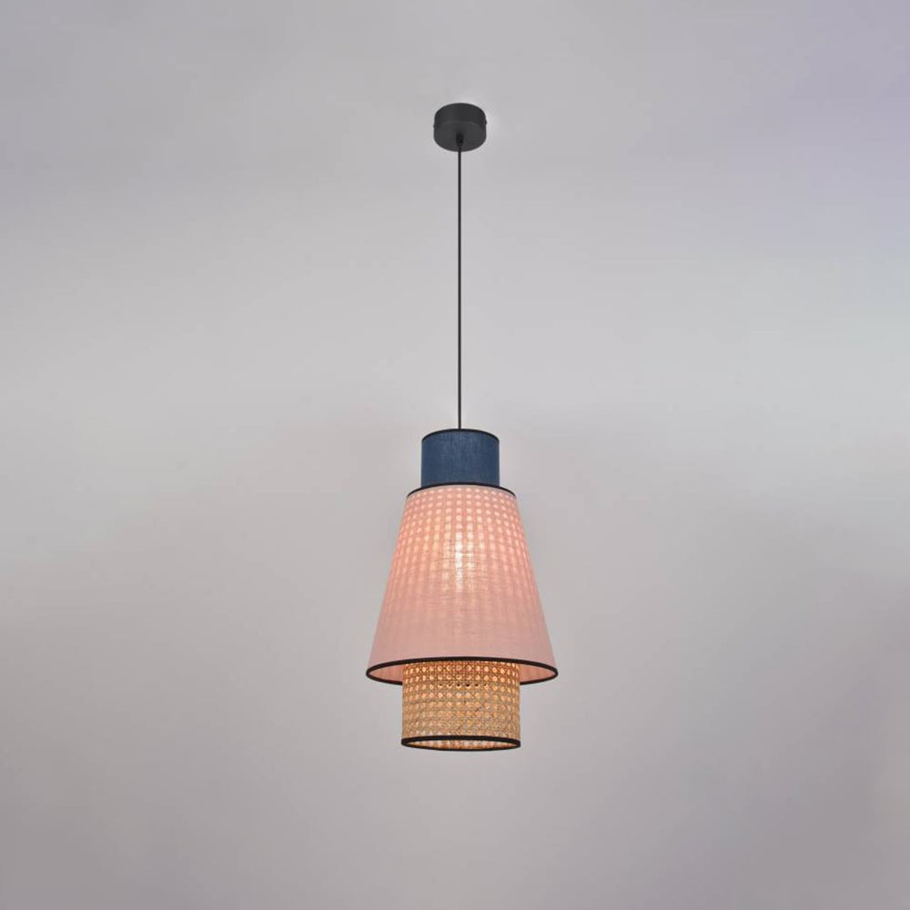 Ritta Cylindrical Fabric/Rattan Pendant Light, Pink/Royal Blue - Lumpaz