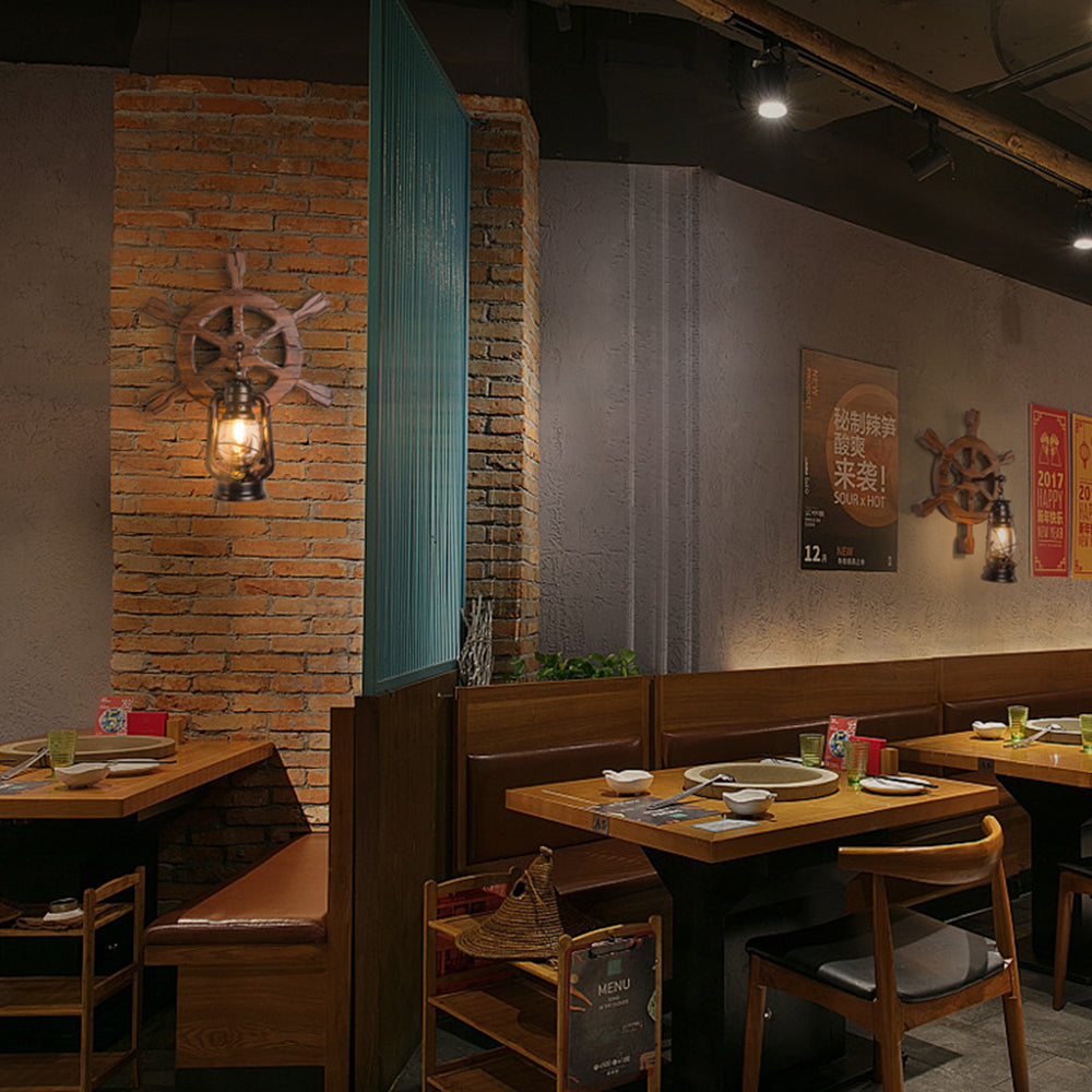 Austin Wall Lamp Retro Rudder Lantern Brown Wooden, Bedroom - Lumpaz