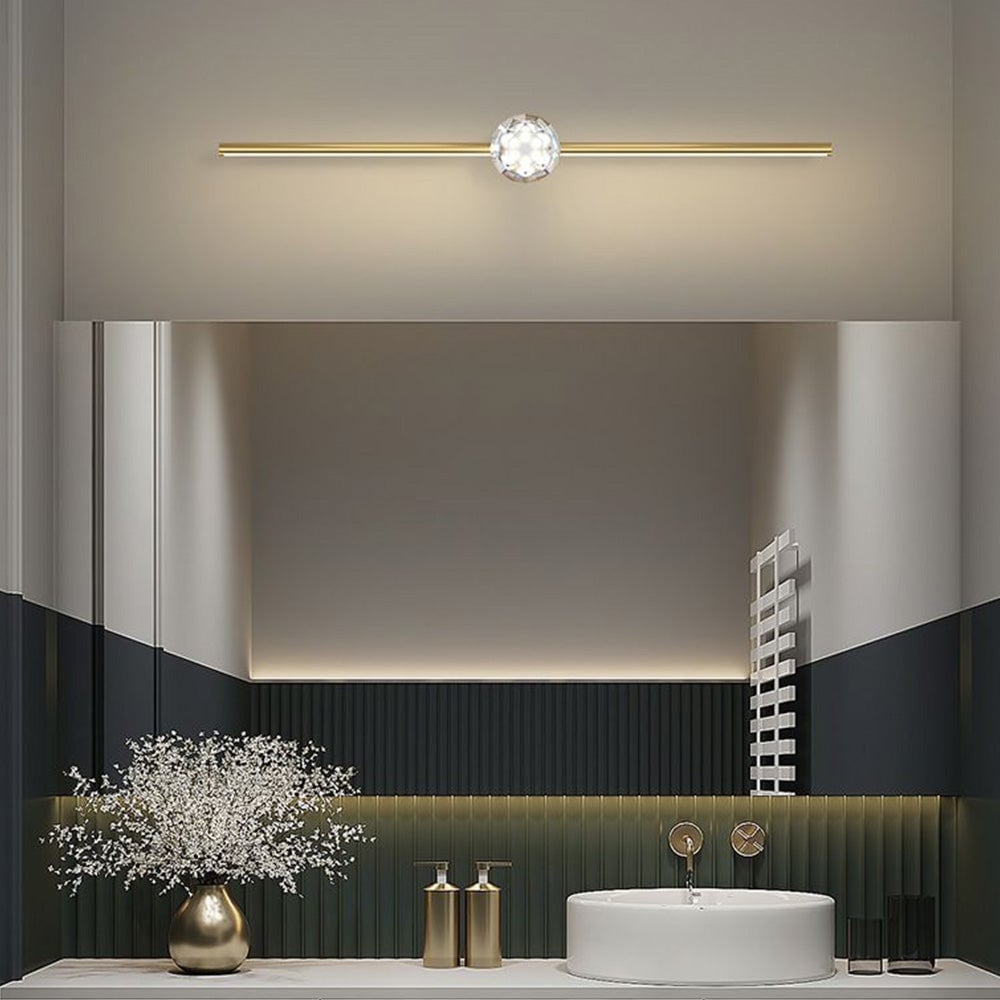 Kristy Minimalist Linear Metal/Crystal Mirror Front Vanity Wall Lamp, Gold - Lumpaz