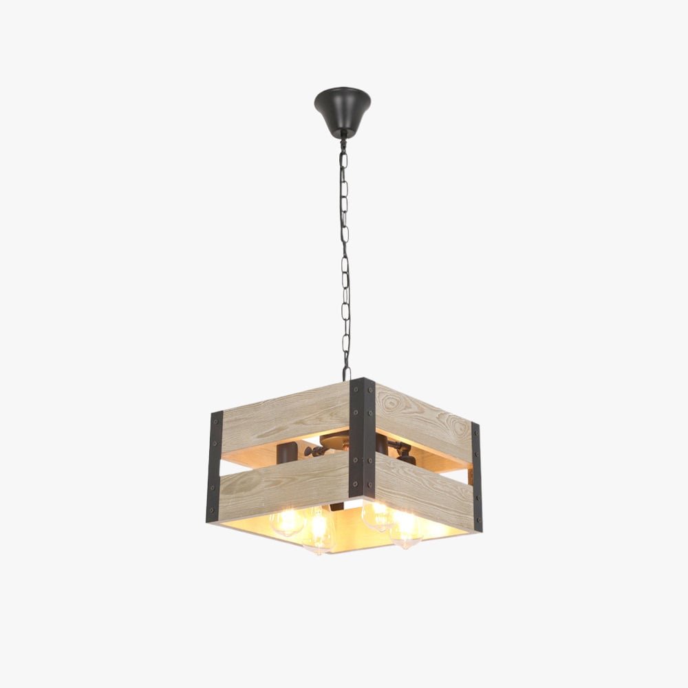 Alessio Retro Square Metal & Wood Pendant Light, 4 Heads, 2 Style - Lumpaz