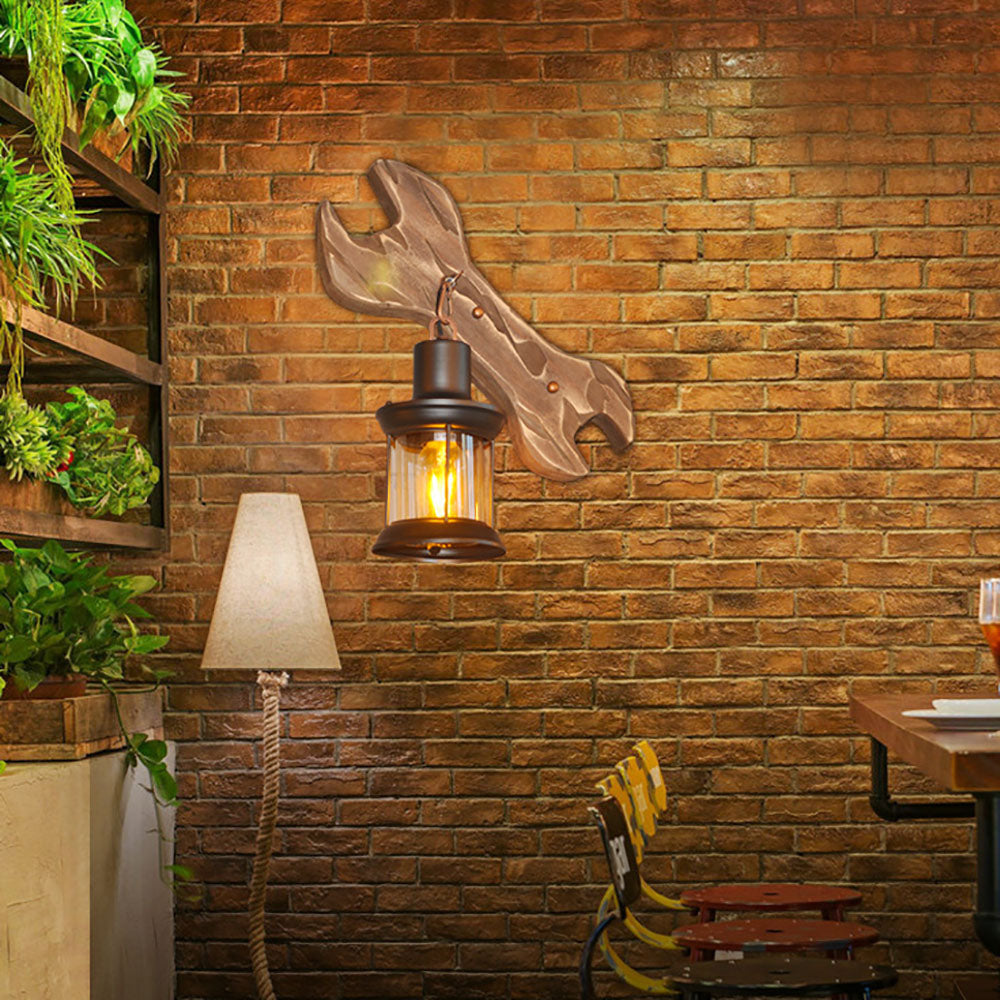 Austin Lantern & Spanners Wall Lamp, Wood/Metal, Bedroom - Lumpaz