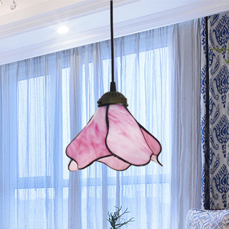 Félicie Flower Stained Glass Pendant Light, Blue/Pink, 1/3 Heads - Lumpaz