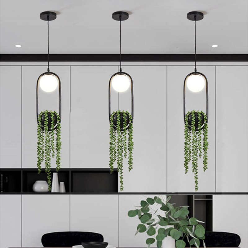 Natural Plant Pot Ball Metal Pendant Light, Black/Green - Lumpaz
