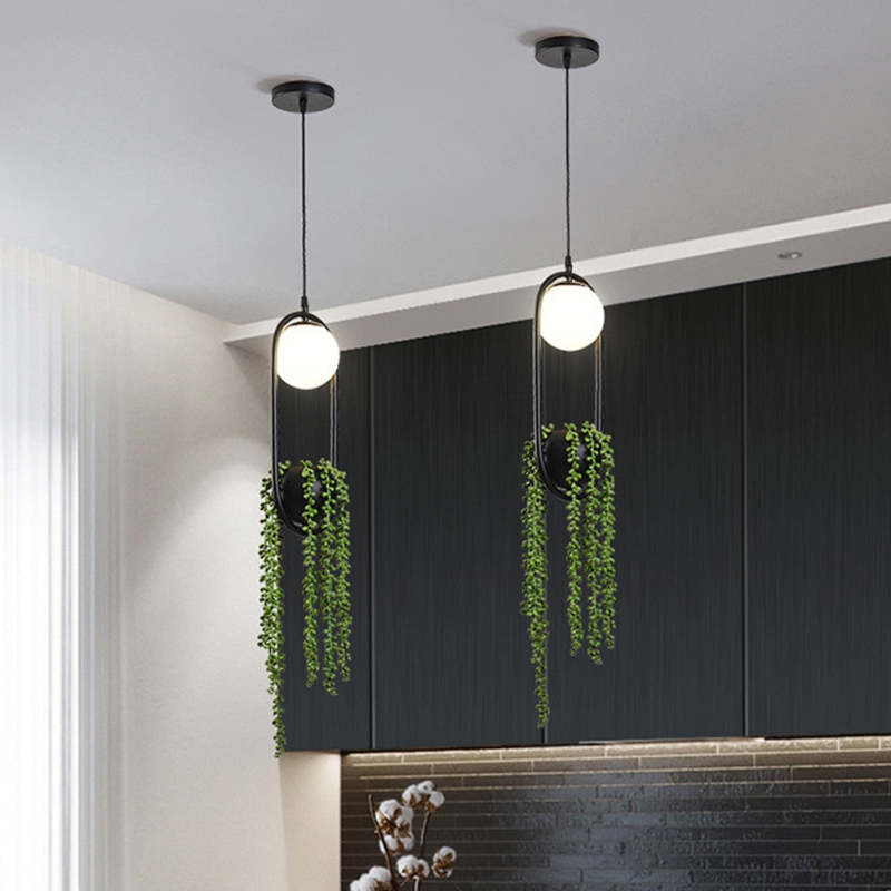 Natural Plant Pot Ball Metal Pendant Light, Black/Green - Lumpaz