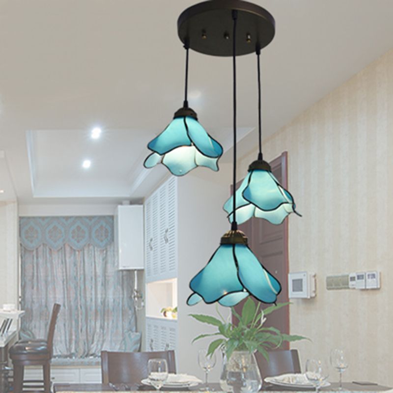 Félicie Flower Stained Glass Pendant Light, Blue/Pink, 1/3 Heads - Lumpaz