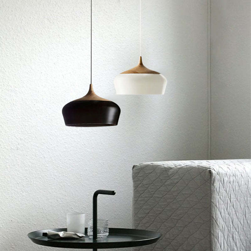 Nazifa Minimalist Metal/Wood Pendant Light, Black/White - Lumpaz
