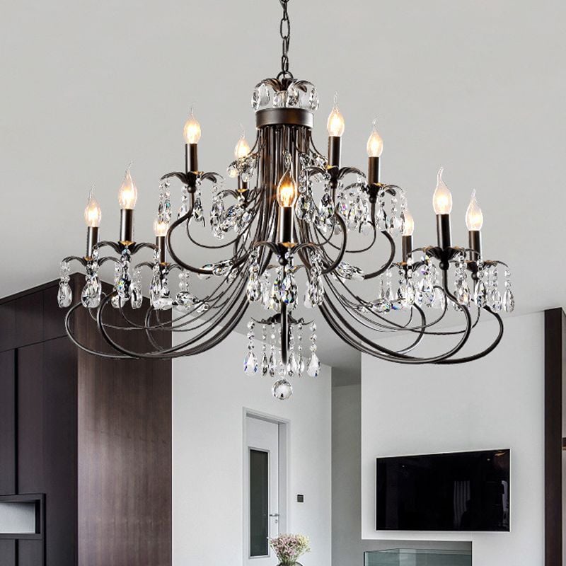 Silva Luxury Tiered Candle Metal/Crystal Chandelier, Black - Lumpaz