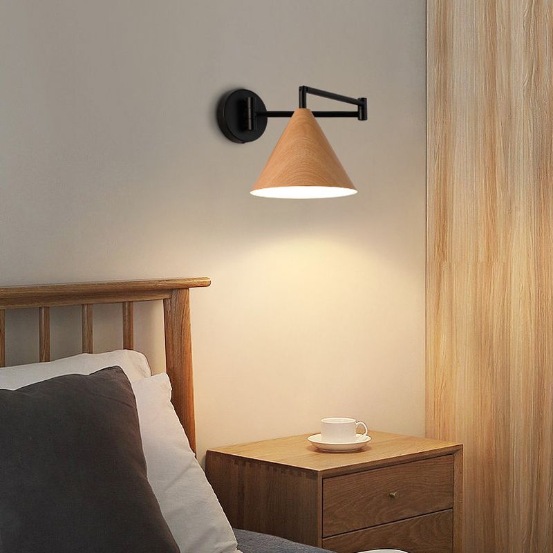Ozawa Cone Shaped Adjustable Wall Lamp, Metal/Wood, Bedroom - Lumpaz