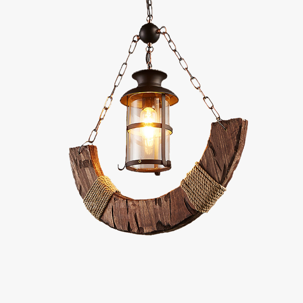 Austin Retro Rustic Arc Metal/Wood Lantern Glass Pendant Light - Lumpaz