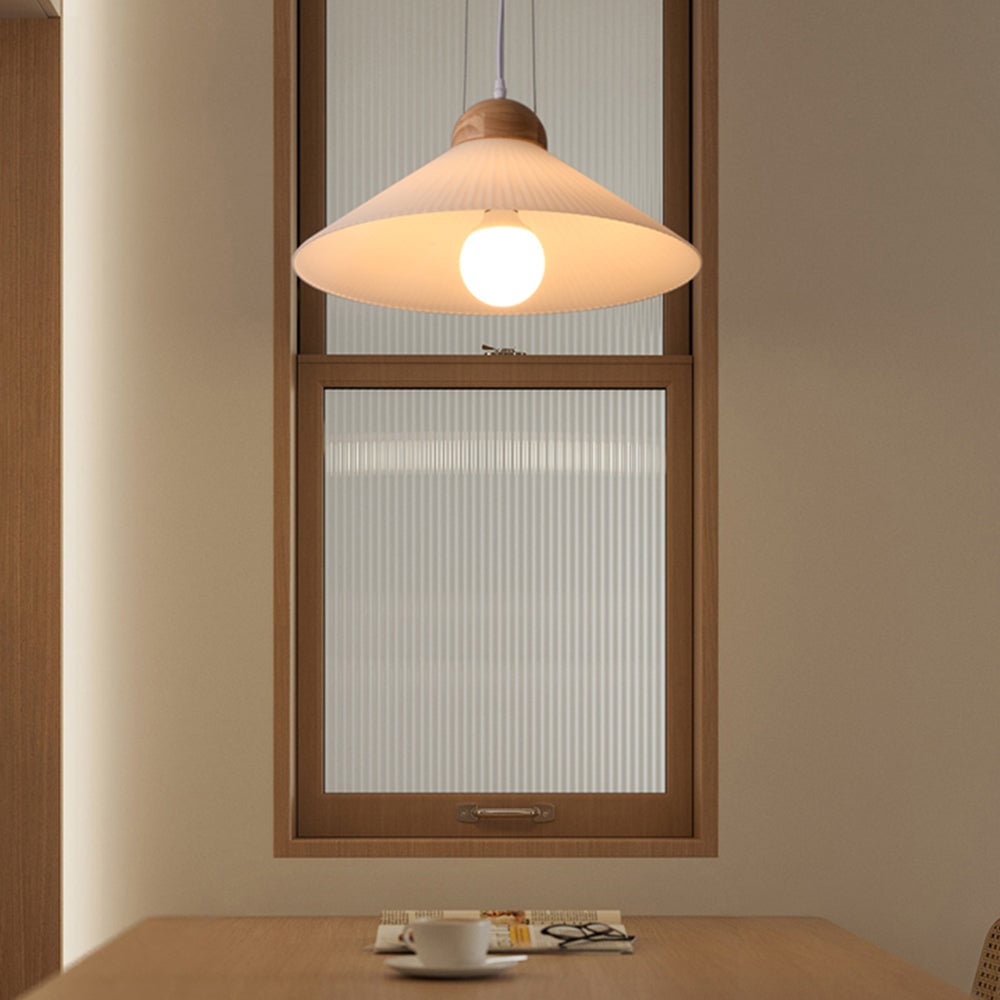 Ozawa Designer Pleated Brown Wood/Glass Pendant Light - Lumpaz