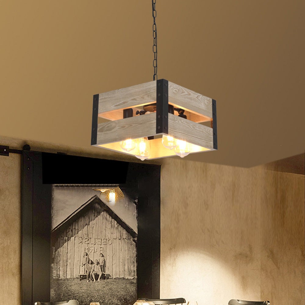 Alessio Retro Square Metal & Wood Pendant Light, 4 Heads, 2 Style - Lumpaz