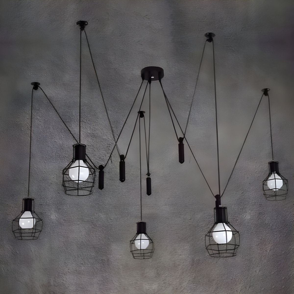 Alessio Industrial Caged Metal Pendant Light, 5/8 Heads, Black - Lumpaz