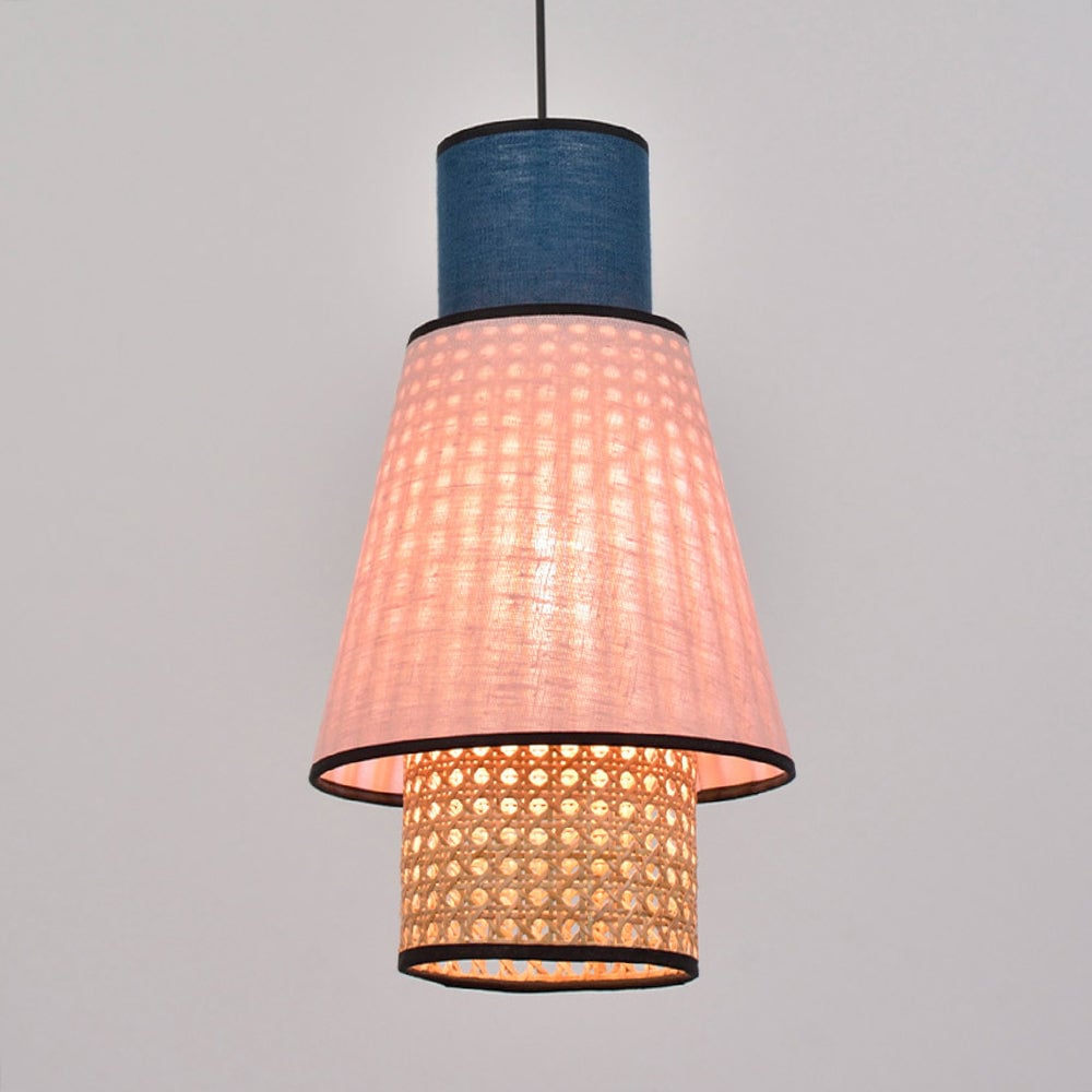 Ritta Cylindrical Fabric/Rattan Pendant Light, Pink/Royal Blue - Lumpaz