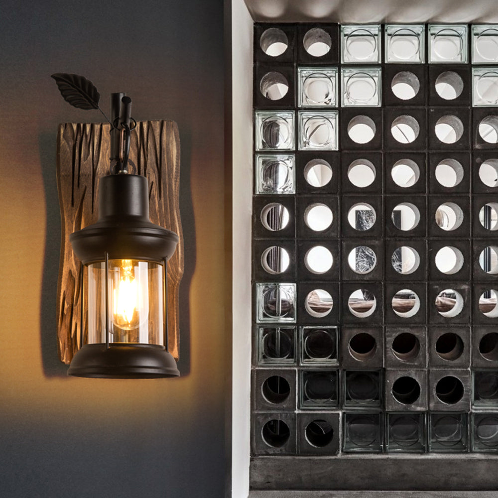 Austin Vintage Branches Lantern Wall Lamp, Metal/Wood, Black, Dining Room - Lumpaz