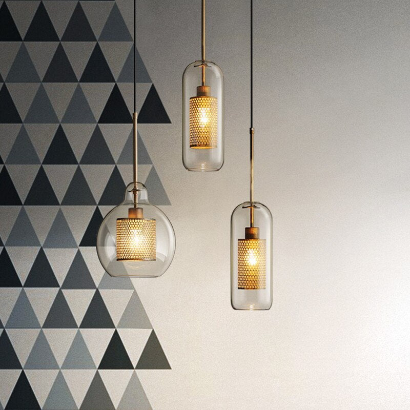 Oneal Contemporary Golden Pendant Light, Metal/Glass, Globe/Cylindric - Lumpaz