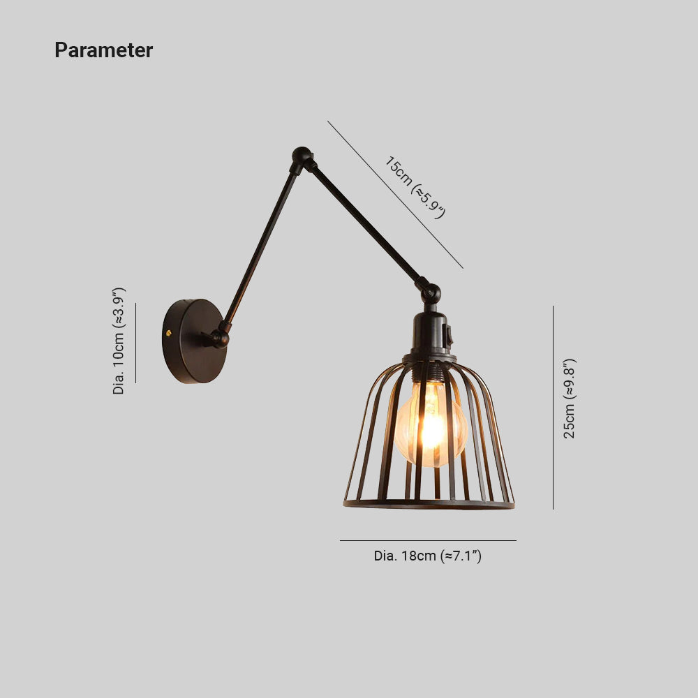 Alessio Vintage Cage Adjustable Wall Lamp, Metal, Black, Living Room - Lumpaz