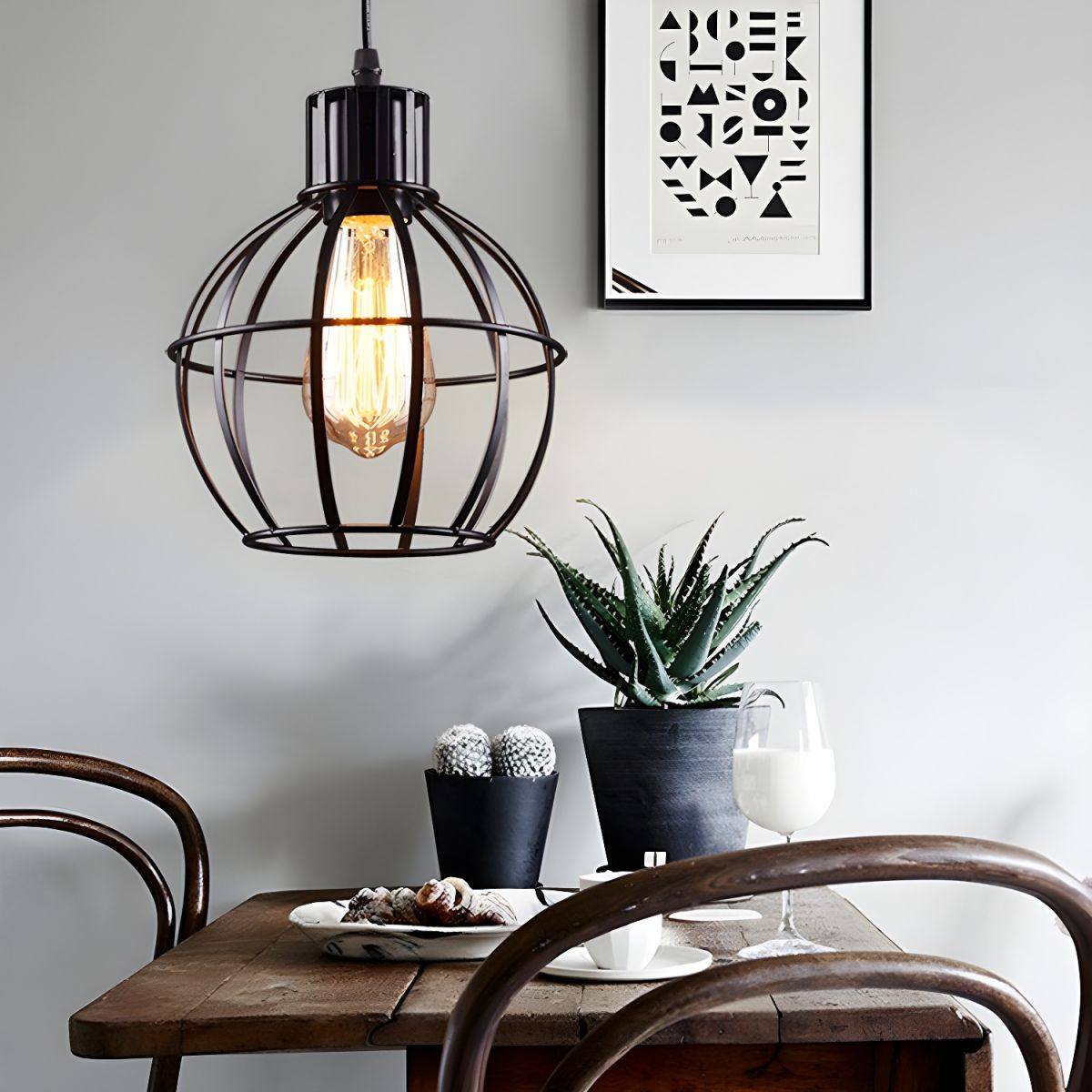 Alessio Industrial Metal Cage Pendant Light, Black - Lumpaz