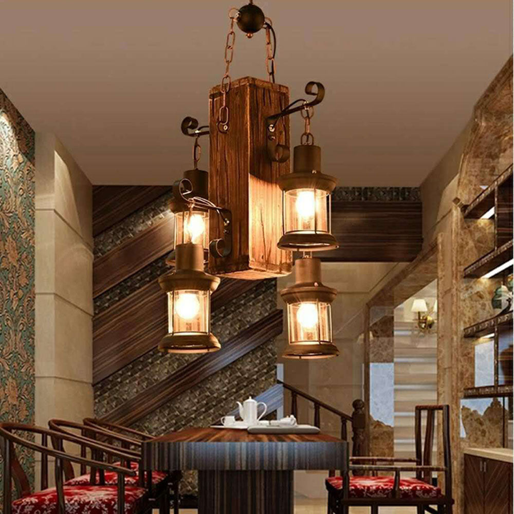 Austin Vintage Rectangular Metal/Wood Hanging Pendant Light，Wood - Lumpaz