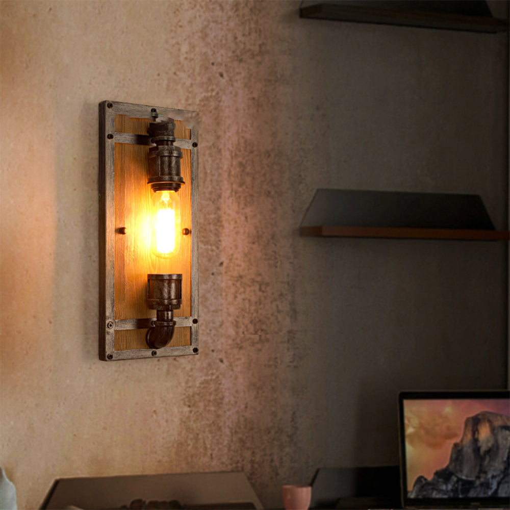 Alessio Wall Lamp Industrial Vintage Square Wooden Black Metal - Lumpaz