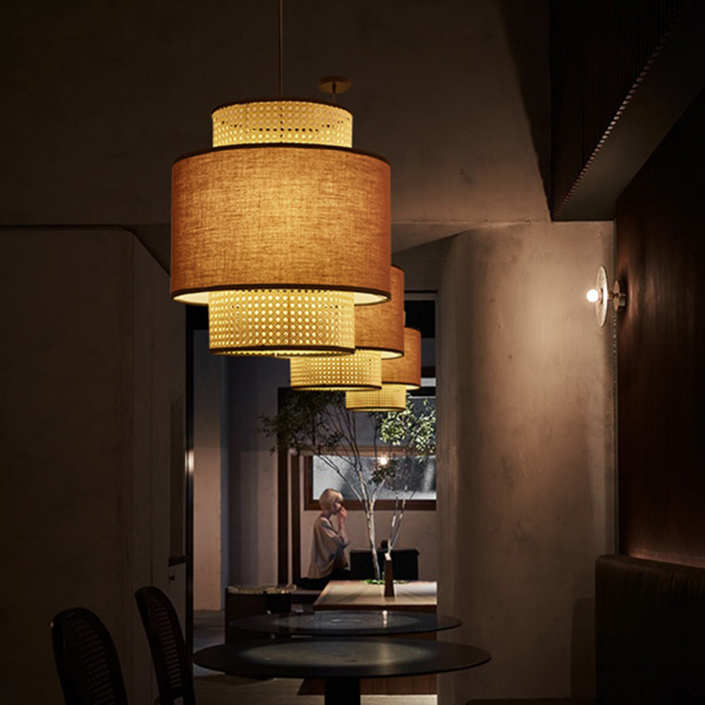 Ritta Retro Fabric and Rattan Pendant Light, Beige - Lumpaz