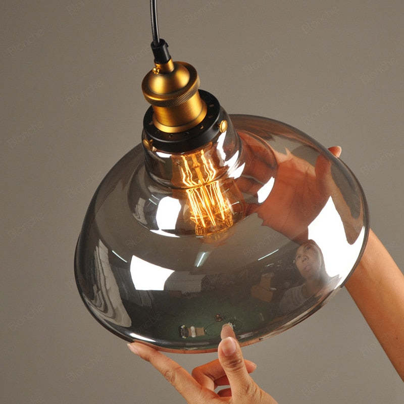 Levy Industrial Metal/Glass Pendant Light Clear/Amber/Smoke Gray Dining Room - Lumpaz