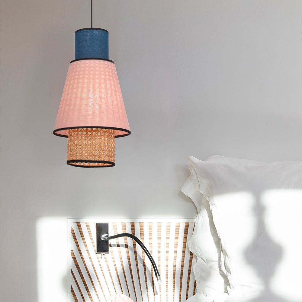 Ritta Cylindrical Fabric/Rattan Pendant Light, Pink/Royal Blue - Lumpaz