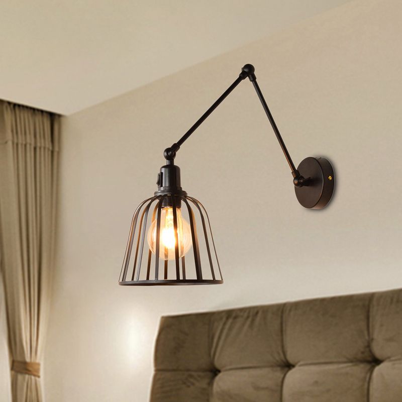 Alessio Vintage Cage Adjustable Wall Lamp, Metal, Black, Living Room - Lumpaz