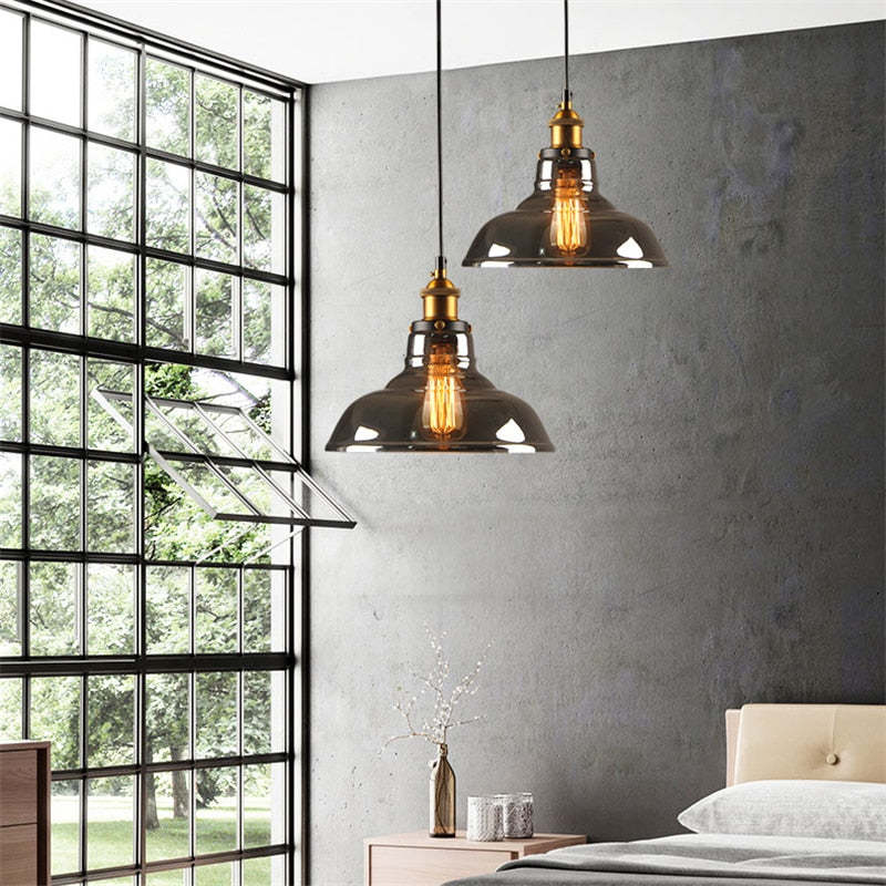 Levy Industrial Metal/Glass Pendant Light Clear/Amber/Smoke Gray Dining Room - Lumpaz
