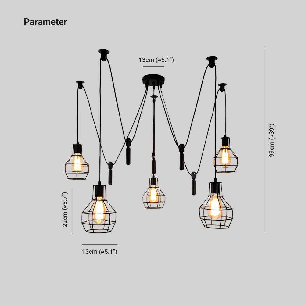 Alessio Industrial Caged Metal Pendant Light, 5/8 Heads, Black - Lumpaz