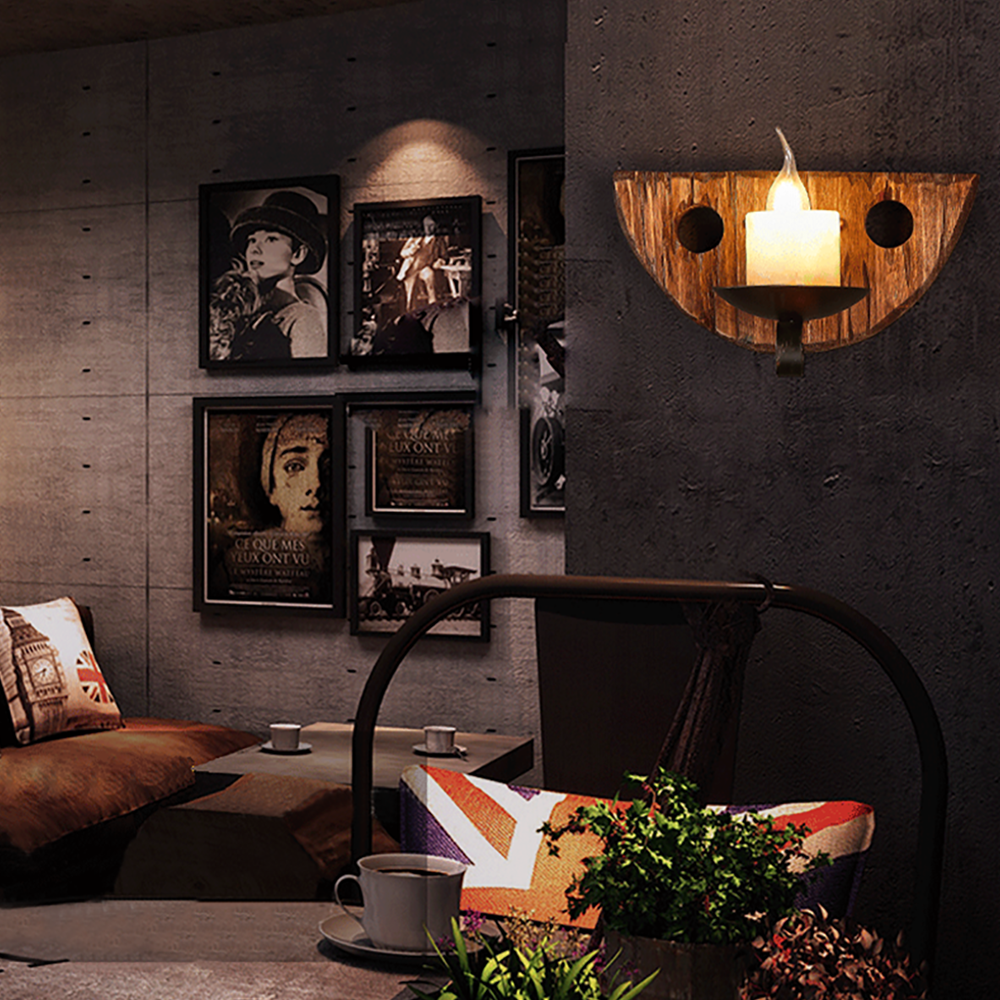 Austin Vintage Candle Semicircle Wall Lamp, Wood/Metal, Bedroom - Lumpaz