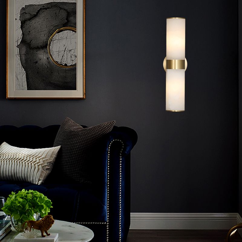 Chan Modern Double Headed Metal Stone Vanity Wall Lamp, Brass - Lumpaz