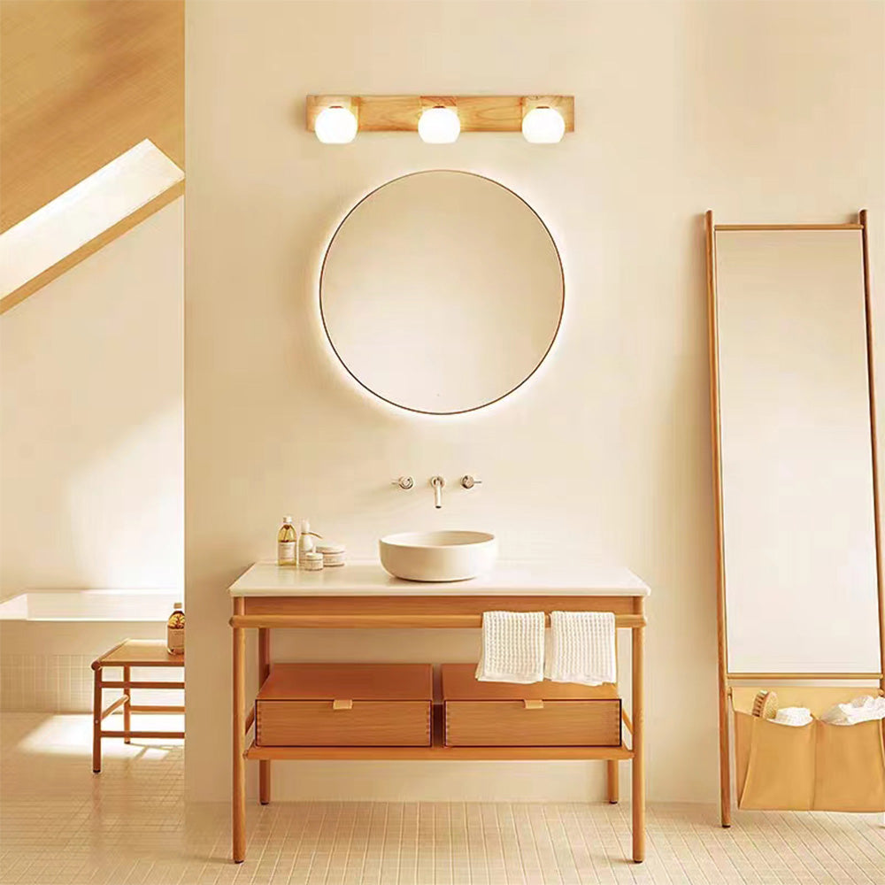 Ozawa Wooden Ball Mirror Front Vanity Wall Lamp, Log Color - Lumpaz