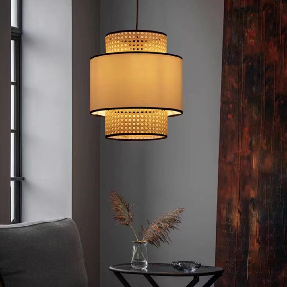 Ritta Retro Fabric and Rattan Pendant Light, Beige - Lumpaz