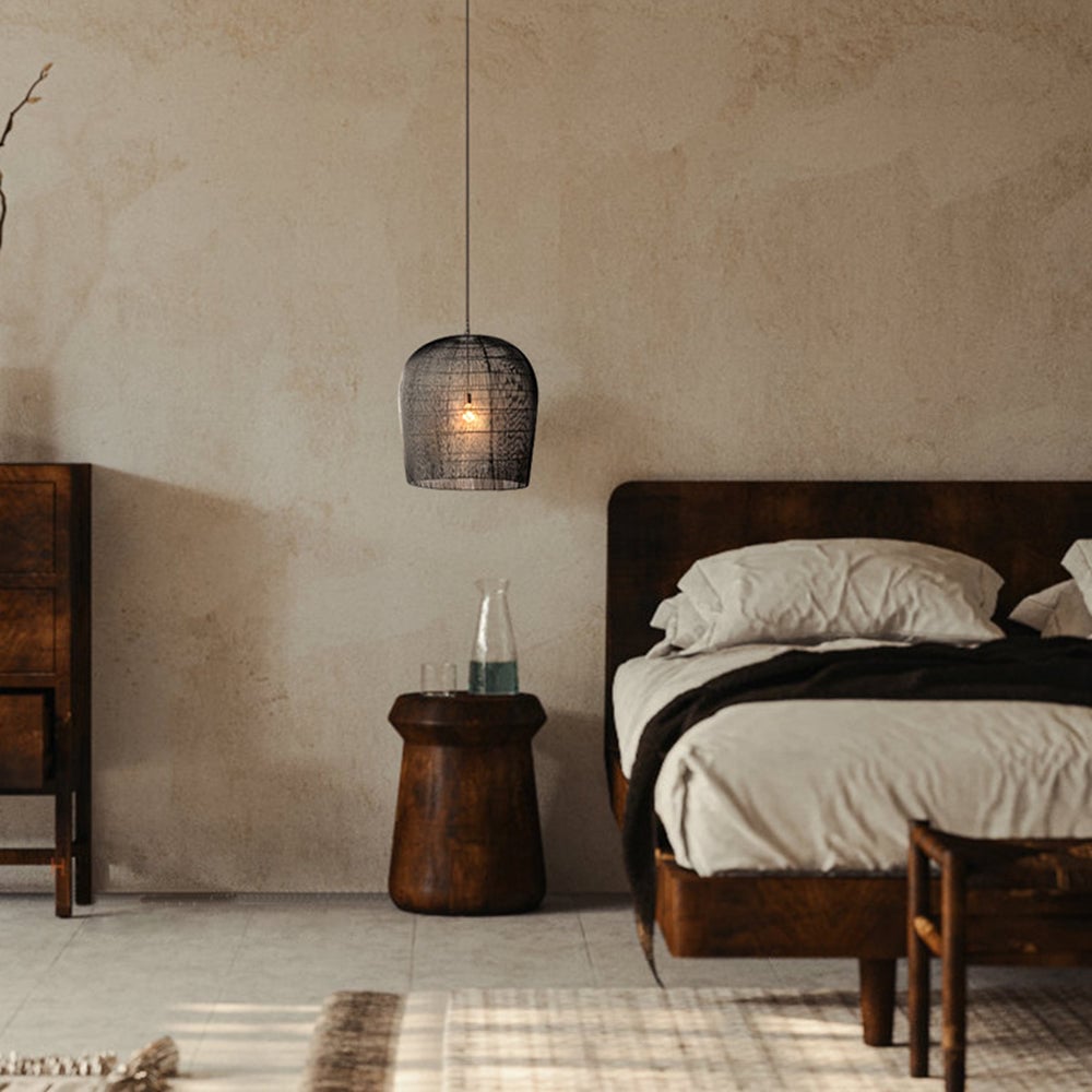 Ritta Wabi Sabi Bird Cage Rattan/Metal Pendant Light, Black/White - Lumpaz