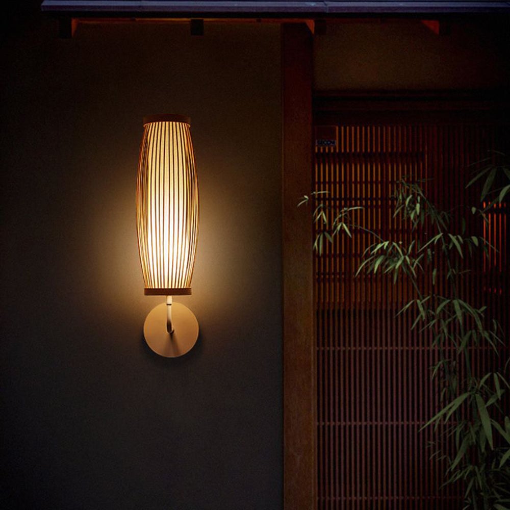 Muto Japanese Cylindrical Rattan Wall Lamp Bamaoo Bedroom - Lumpaz
