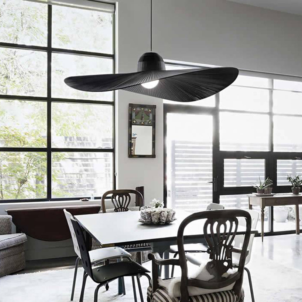 Renée Modern Woven Wide-Brimmed Hat Shape Metal/Fabric Pendant Light, Black/White - Lumpaz