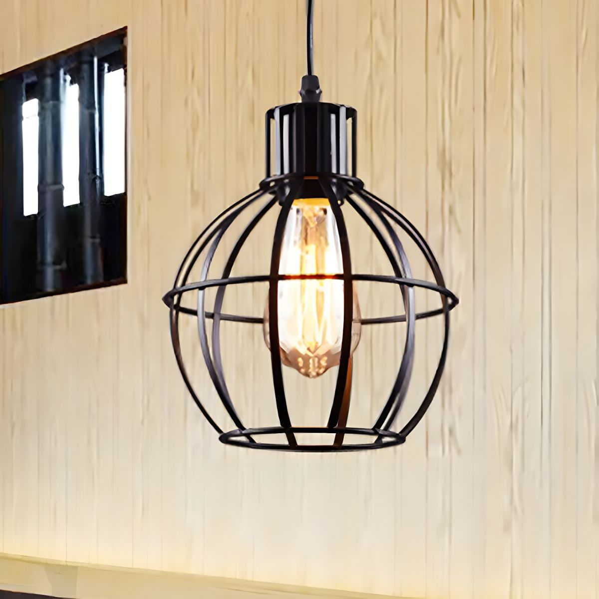 Alessio Industrial Metal Cage Pendant Light, Black - Lumpaz