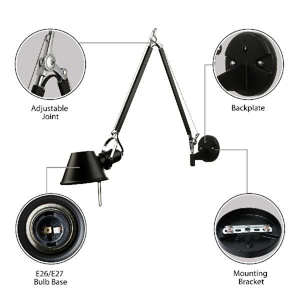 Brady Modern Simple Adjustable Wall Lamp, Black/Chrome, Bedroom - Lumpaz