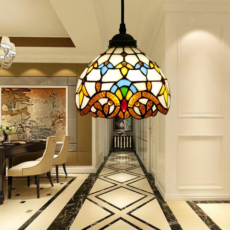 Alessio Tiffany Multicolor Bell Pendant Light, Yellow/Beige/Brown/Khaki/Blue/Purple - Lumpaz