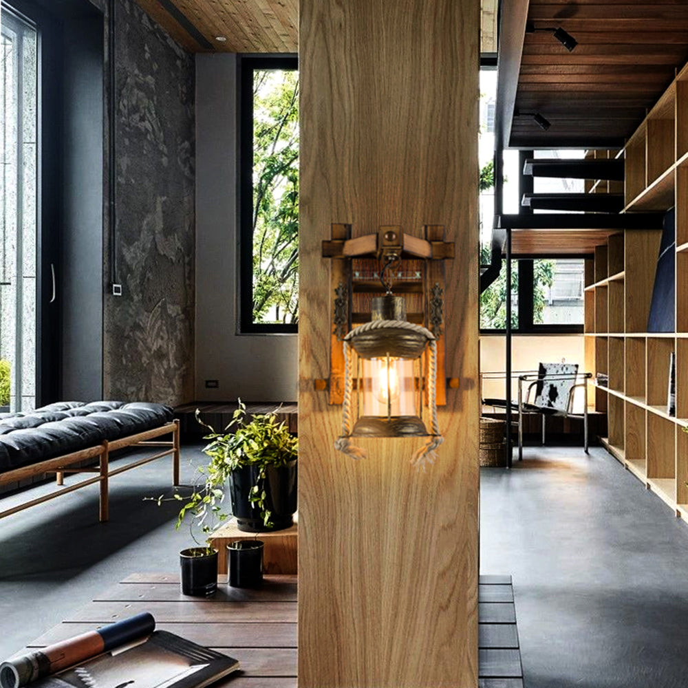 Austin Vintage Lantern Shape Wood Metal Wall Lamp - Lumpaz